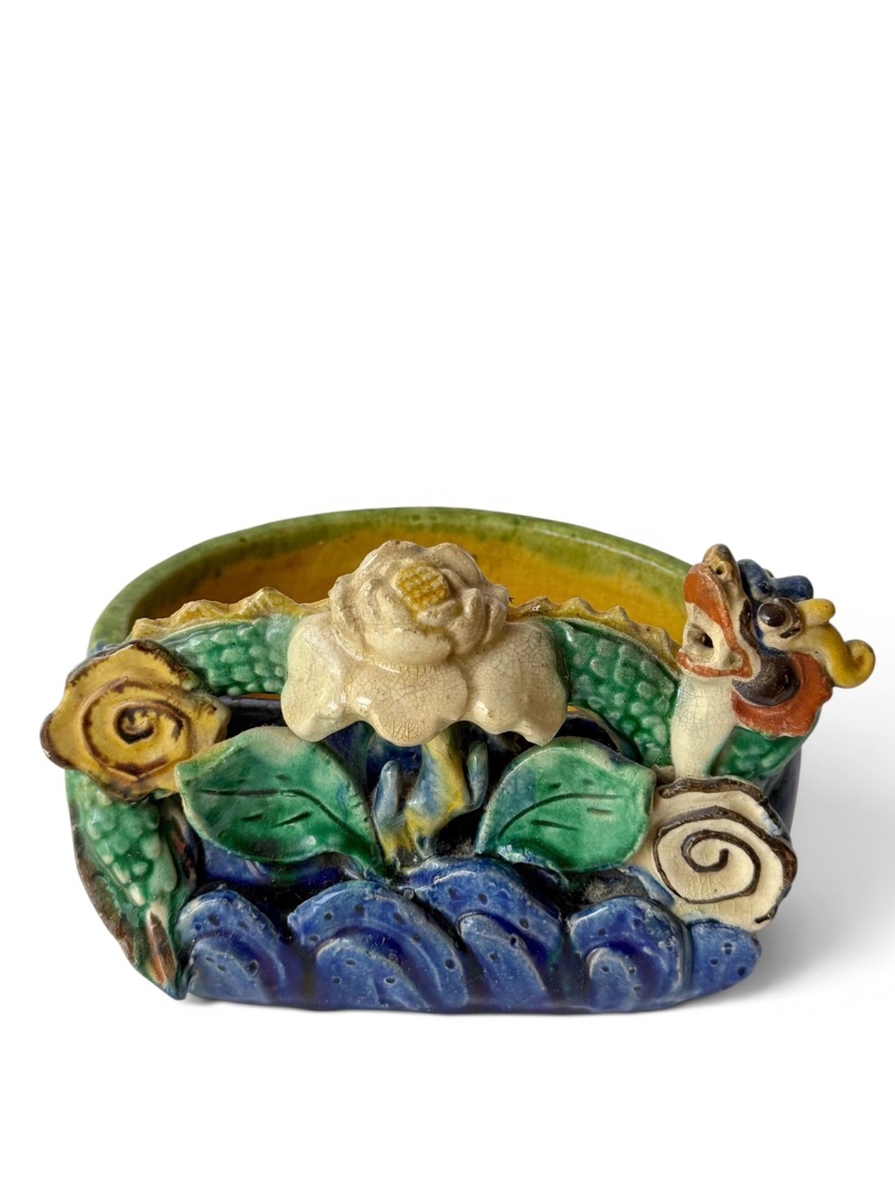 Vintage Chinese Dragon Floral Sancai / Majolica Style Pottery Planter Vase Bowl